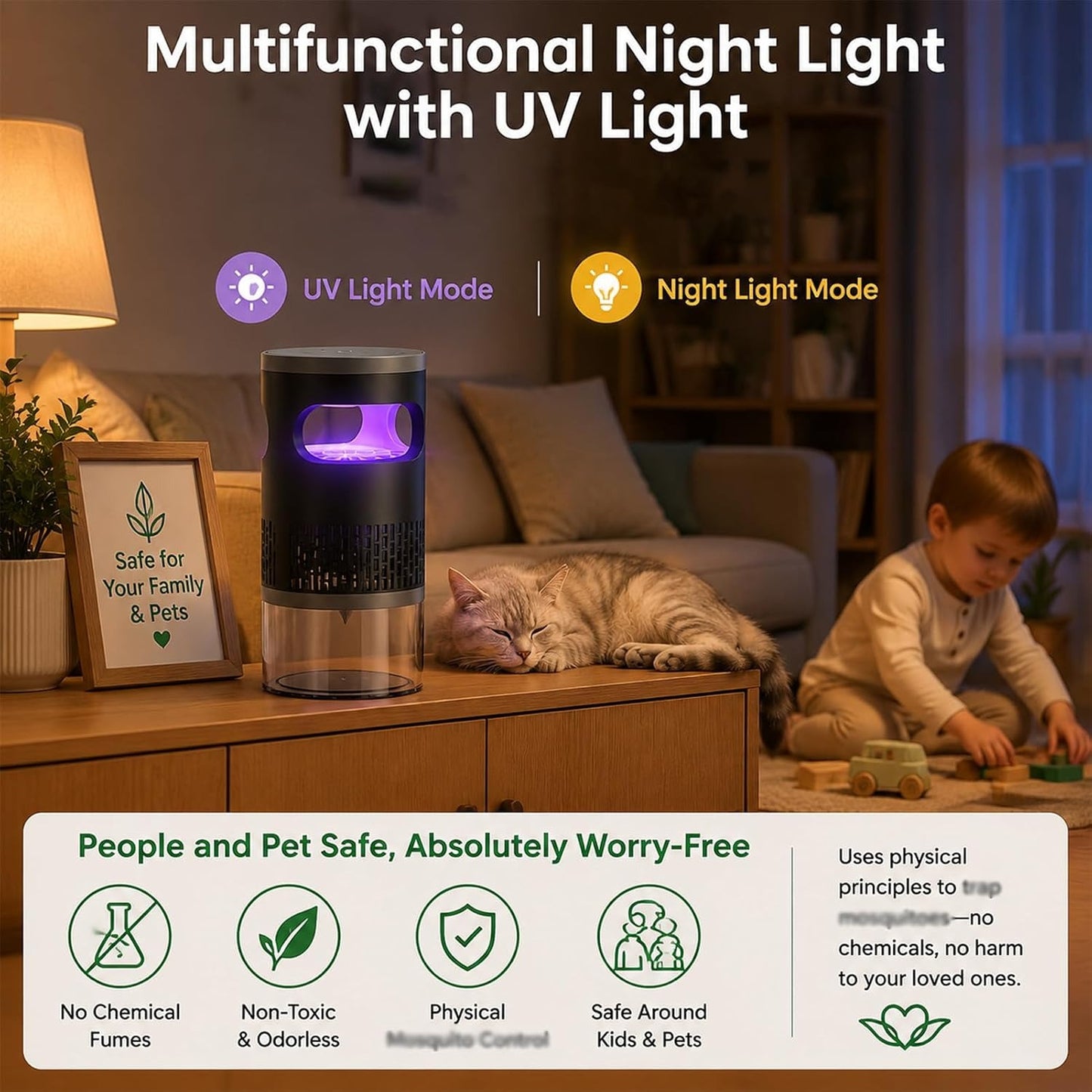 Quiet UV Mosquito Trap -Chemical-Free & Safe for Kids&Pets