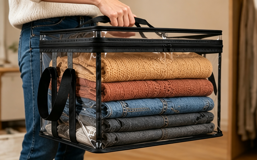 Transparent storage bag with carrying handles