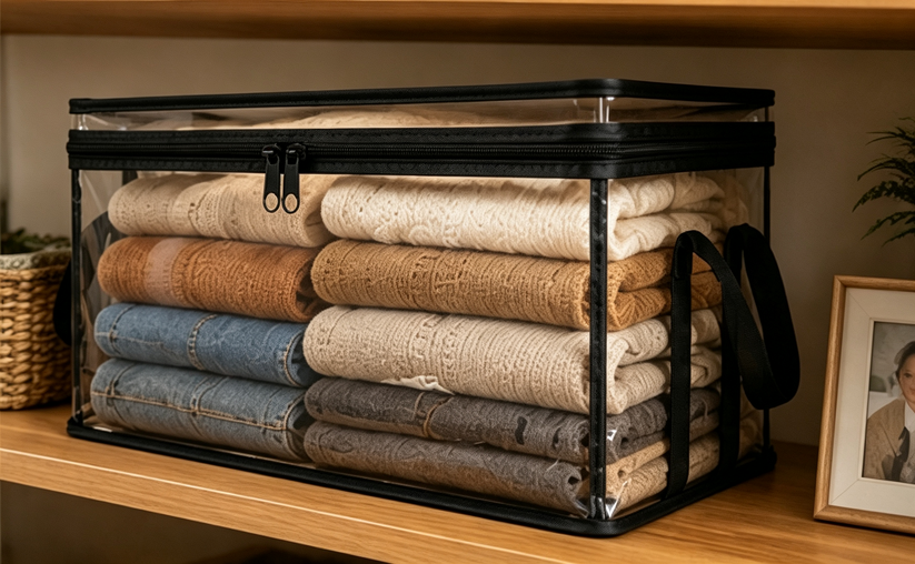 Transparent storage bags arranged neatly in a home