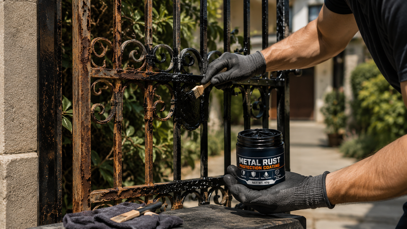 Metal Rust Protection Coating being applied to a rusty iron gate