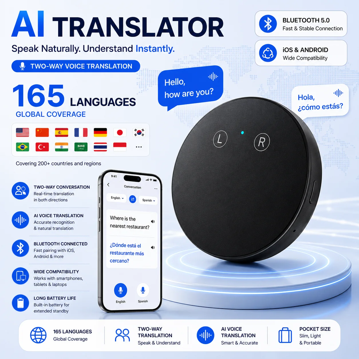 AI Pocket Translator – Real-Time Two-Way Voice Translation in 165+ Languages