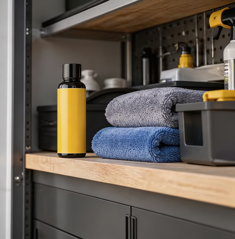 Compact multifunctional polish stored with car care supplies
