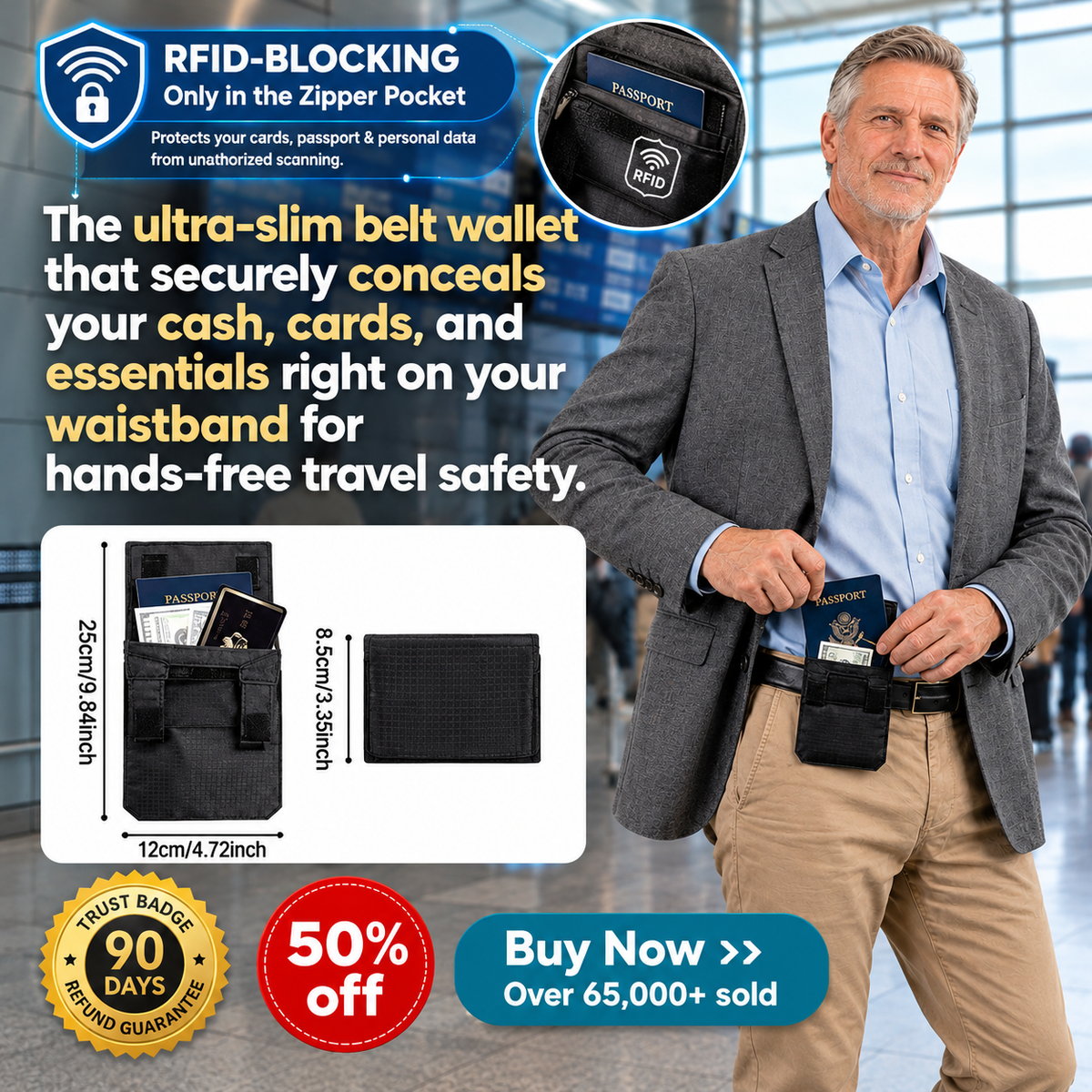 🔒 DISCREET TRAVEL ESSENTIAL | RFID-Blocking Hidden Belt Pouch – Under-Clothing Passport, Cash & Card Organizer