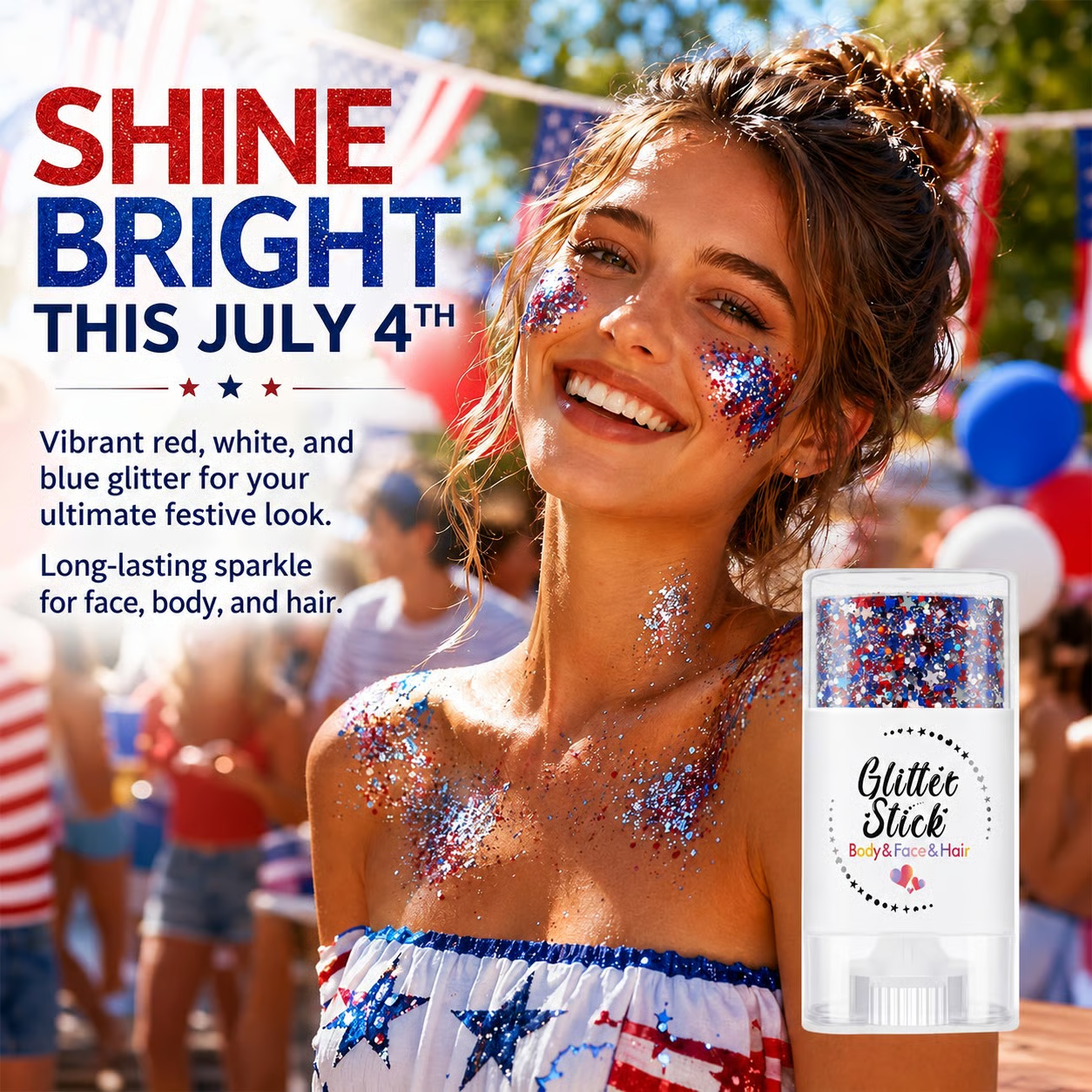 3-in-1 Patriotic Glow😍✨Red, White & Blue Glitter Body Stick.