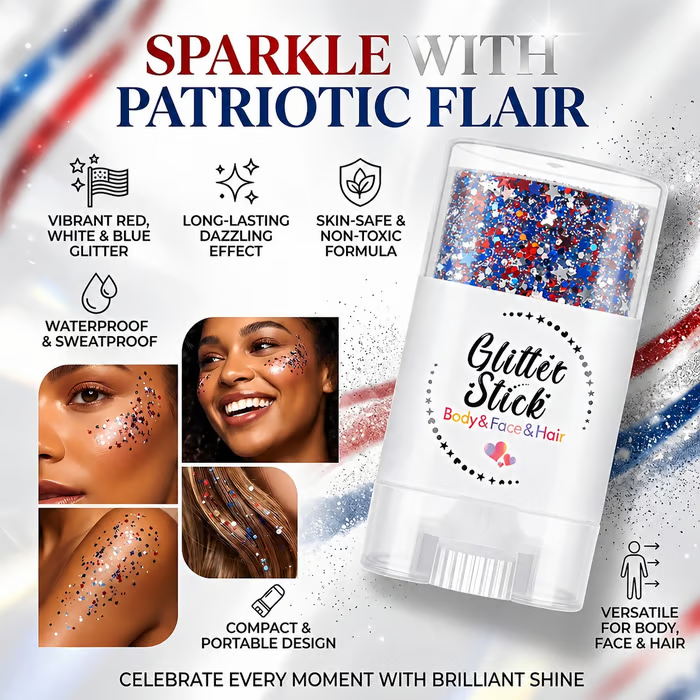 3-in-1 Patriotic Glow😍✨Red, White & Blue Glitter Body Stick.