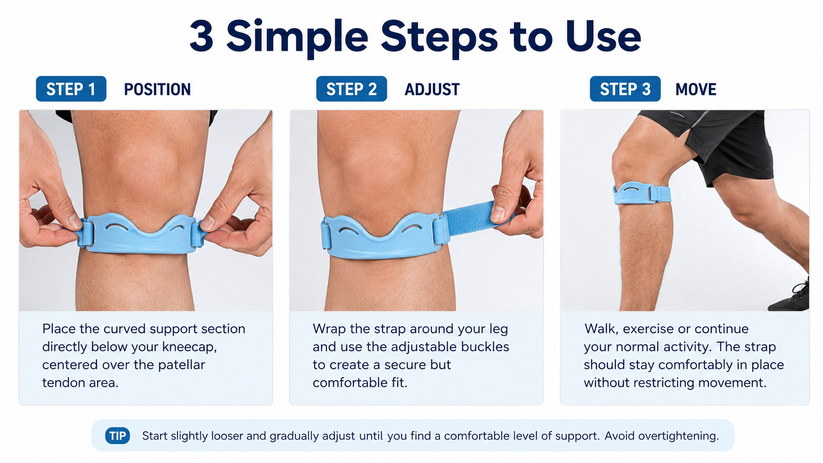 3 simple steps to use the Breathable Shock-Absorbing Patella Brace