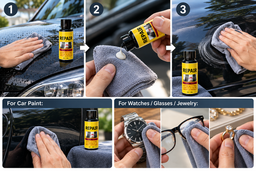 Three step scratch repair polish application