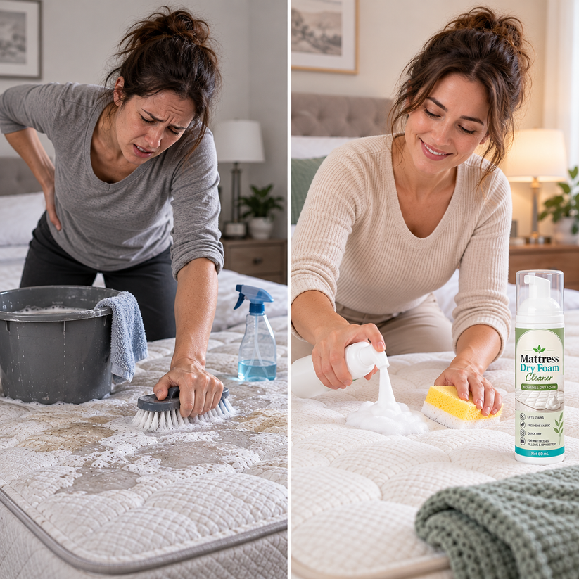 Dry foam cleaner compared with tiring mattress scrubbing