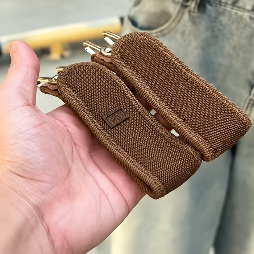 Customer holding brown no-buckle elastic belts