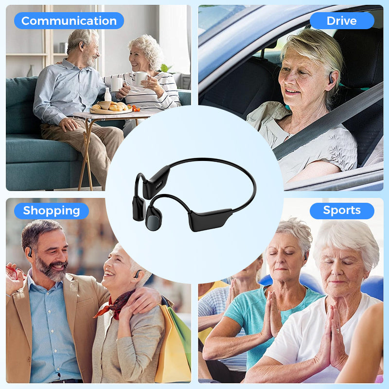 Adults testing open-ear bone conduction hearing technology during everyday activities