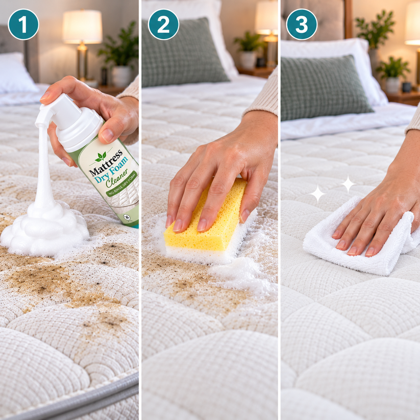 Three steps for using No-Rinse Mattress Dry Foam Cleaner