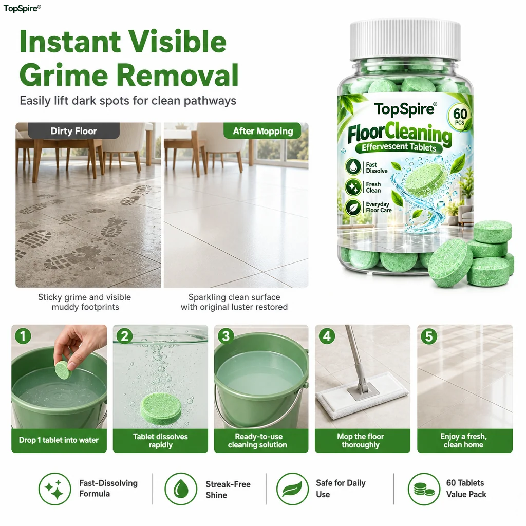 TopSpire® Multi Purpose Floor Cleaning Effervescent Tablets Green Round Household Cleaning Tablets 60 Pieces