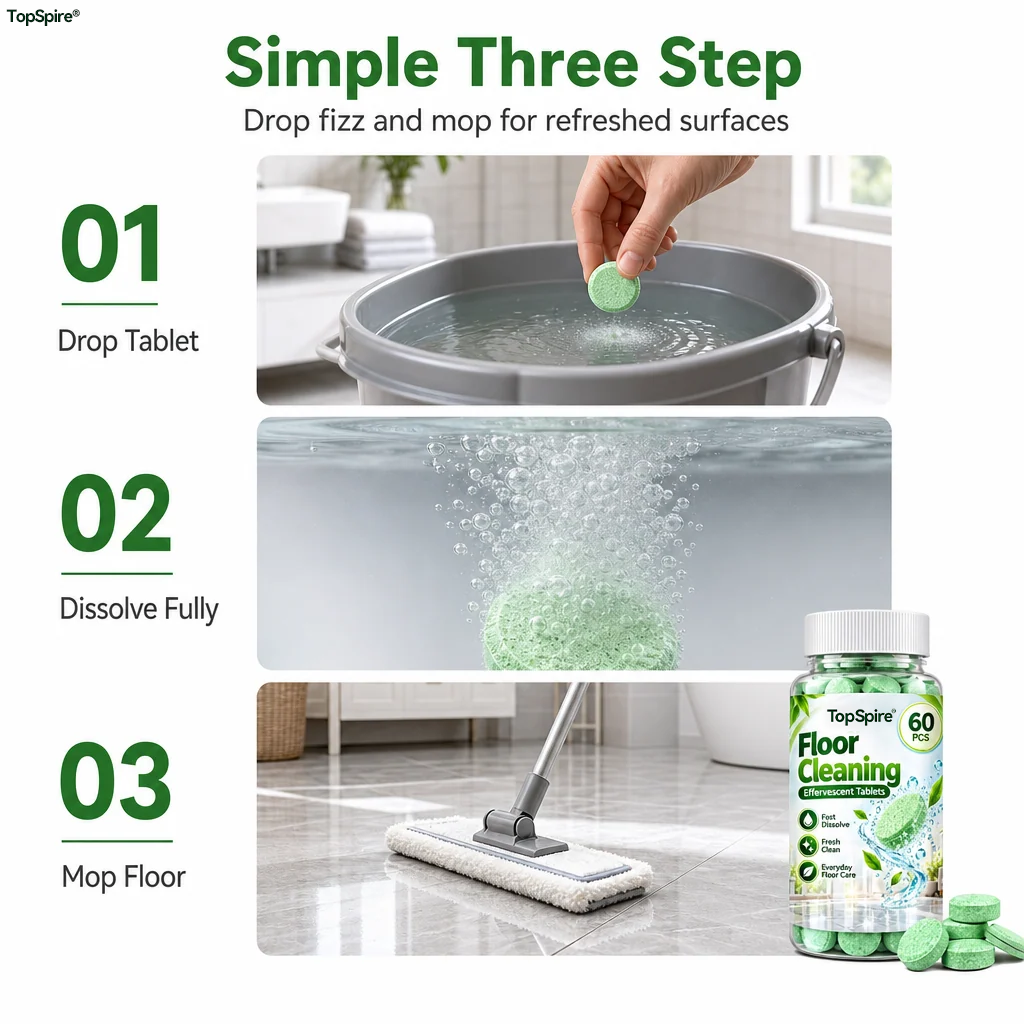TopSpire® Multi Purpose Floor Cleaning Effervescent Tablets Green Round Household Cleaning Tablets 60 Pieces