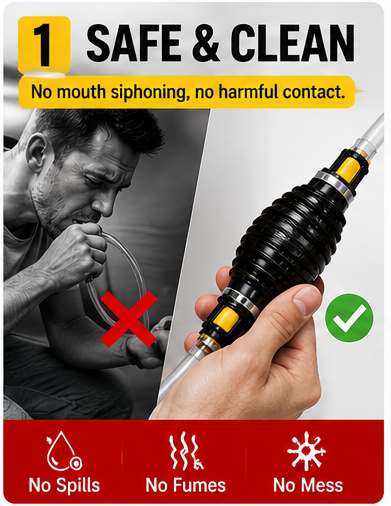 Safer hand powered siphon pump alternative to mouth siphoning